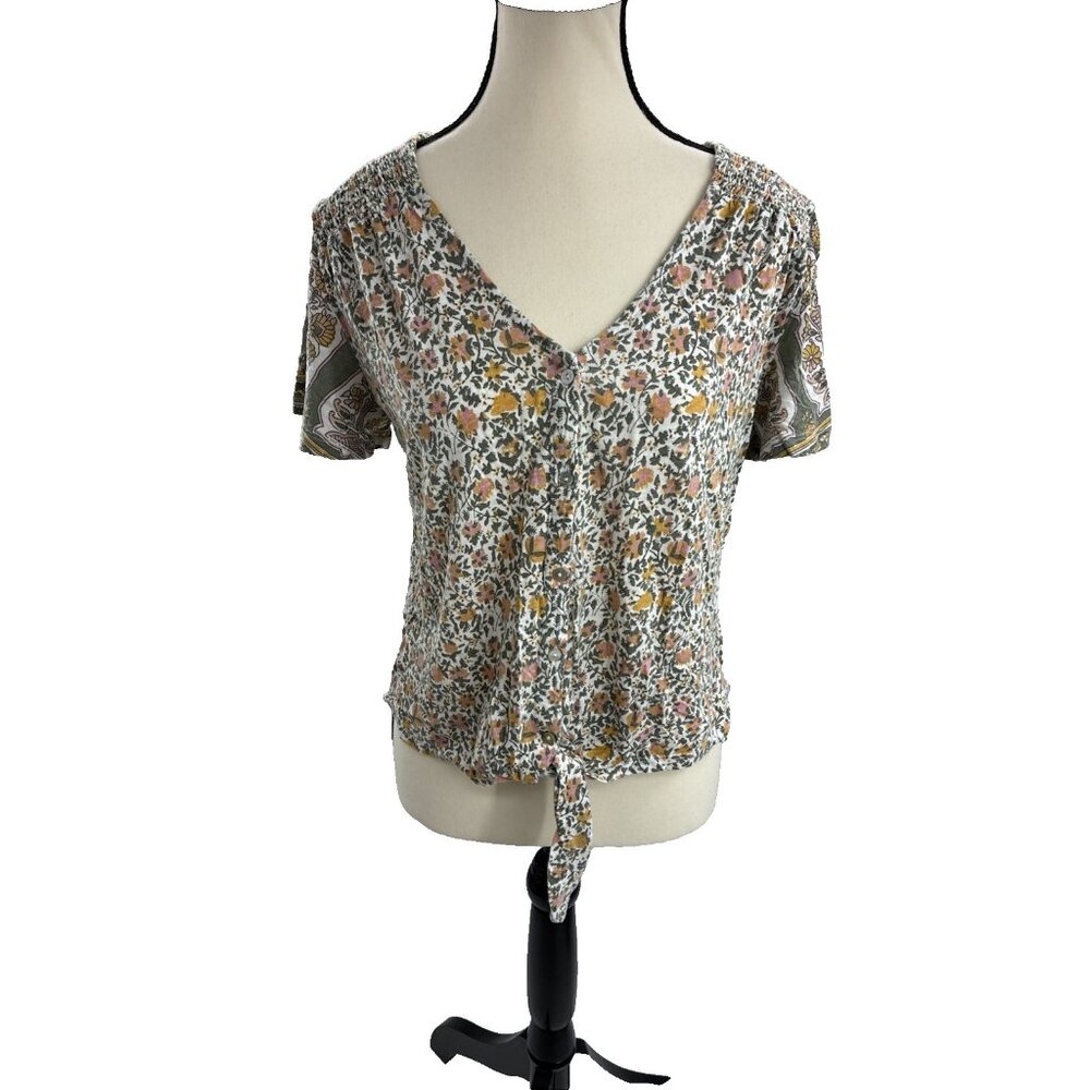 Lucky Brand Womens Size S Top Floral Short Sleeve V Neck Tie Front Blouse